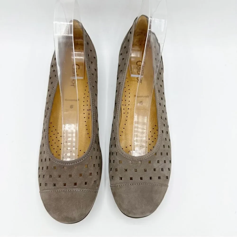 Gabor Hovercraft‎ Ruffle Nubuck Taupe Brown Perforated Comfort Ballet Flat Sz 6